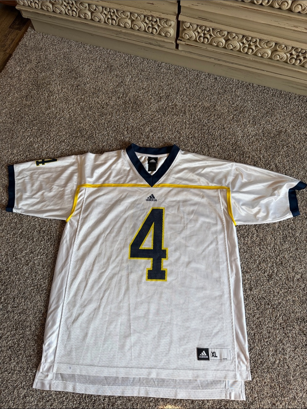 Adidas White, Navy & Yellow Number 4 Michigan Football Jersey XL Small Spot